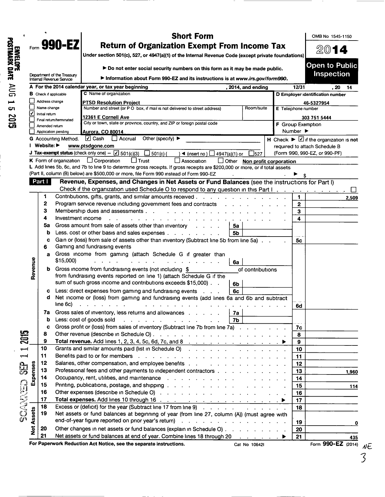 Image of first page of 2014 Form 990EZ for PTSD Resolution Project