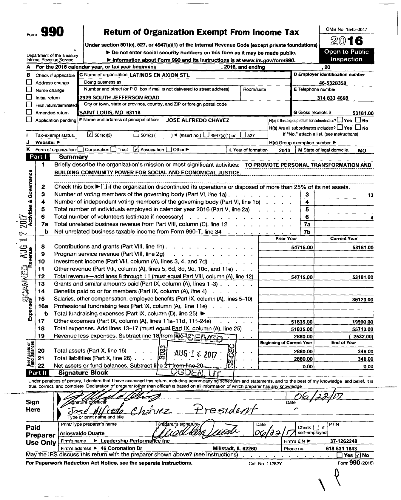 Image of first page of 2016 Form 990 for Latinos En Axion STL