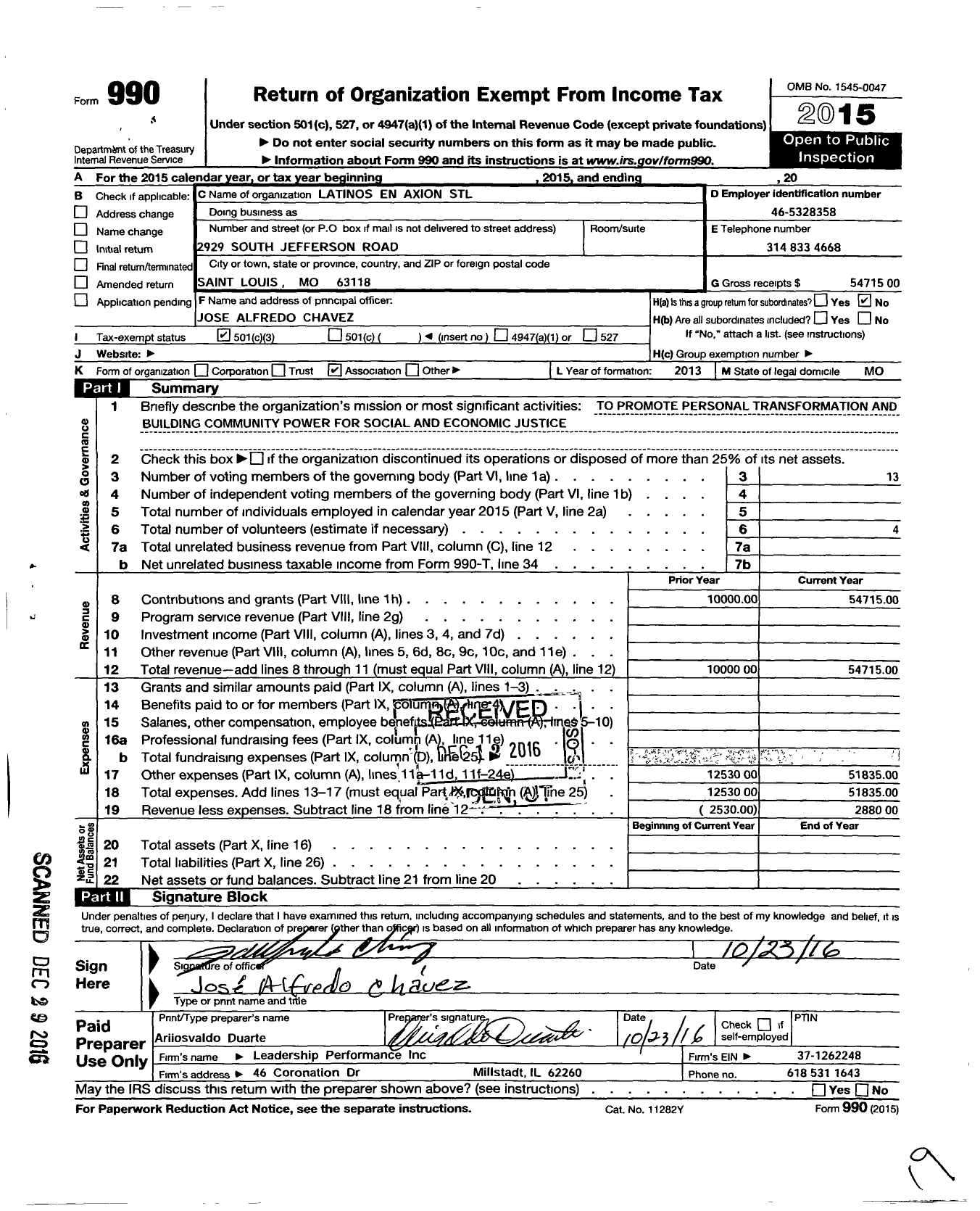 Image of first page of 2015 Form 990 for Latinos En Axion STL