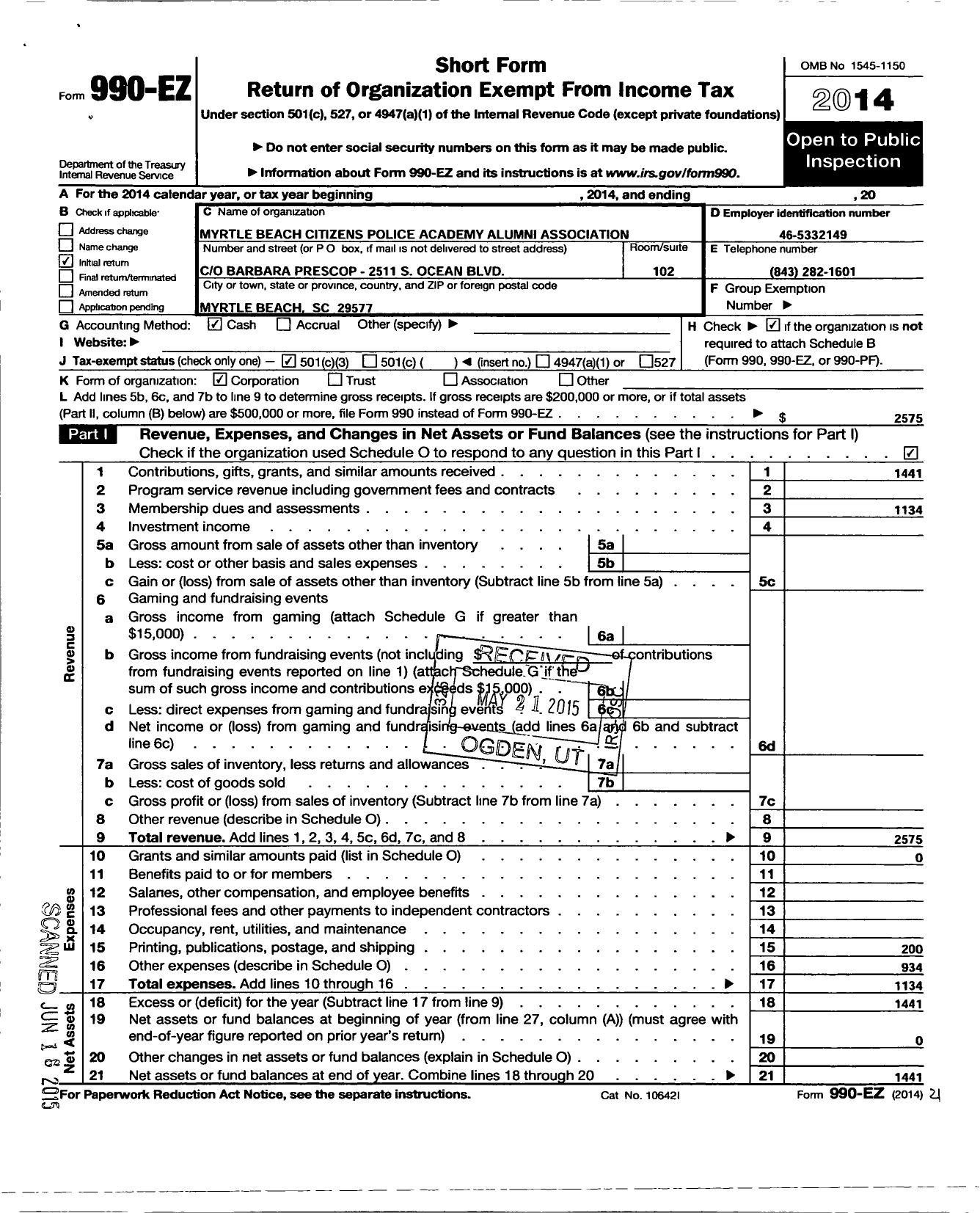 Image of first page of 2014 Form 990EZ for Myrtle Beach Citizens Police Academy Alumni Association (MBCPAAA)