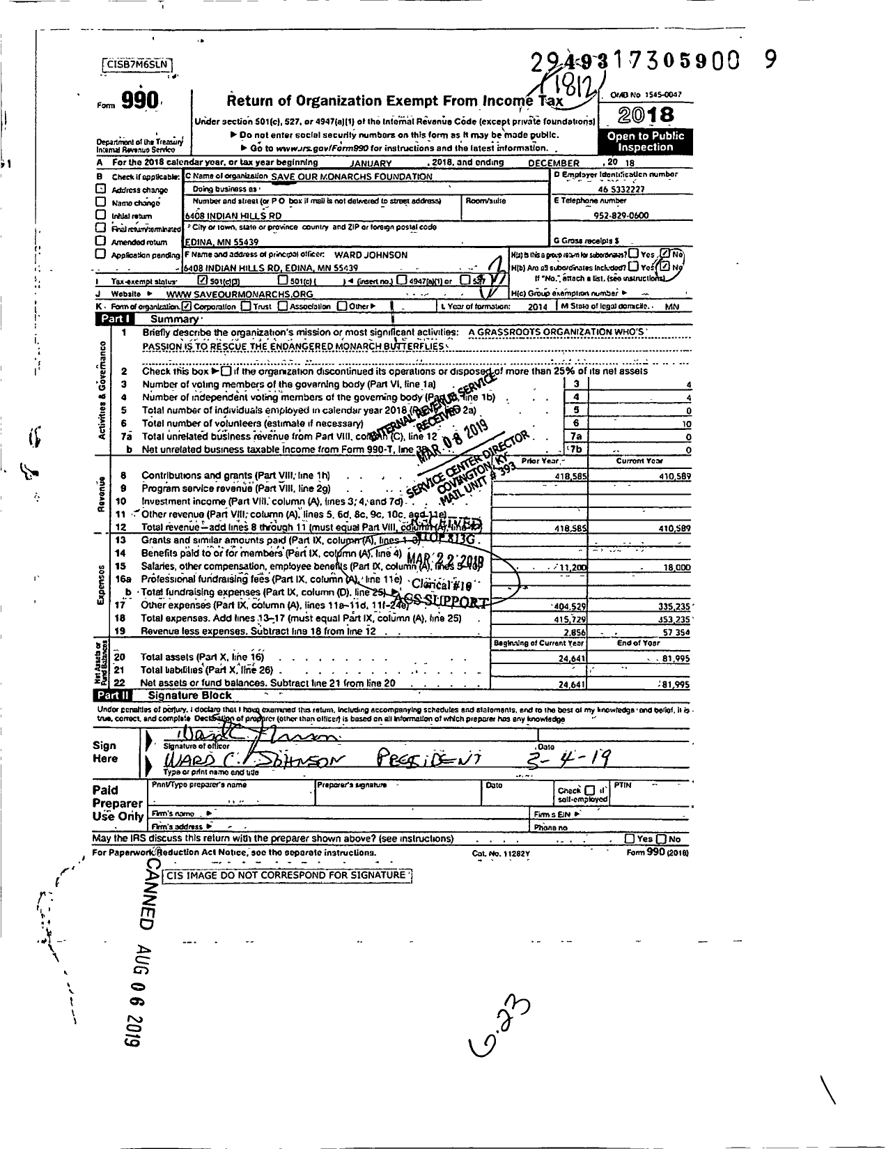 Image of first page of 2018 Form 990 for Save Our Monarchs Foundation