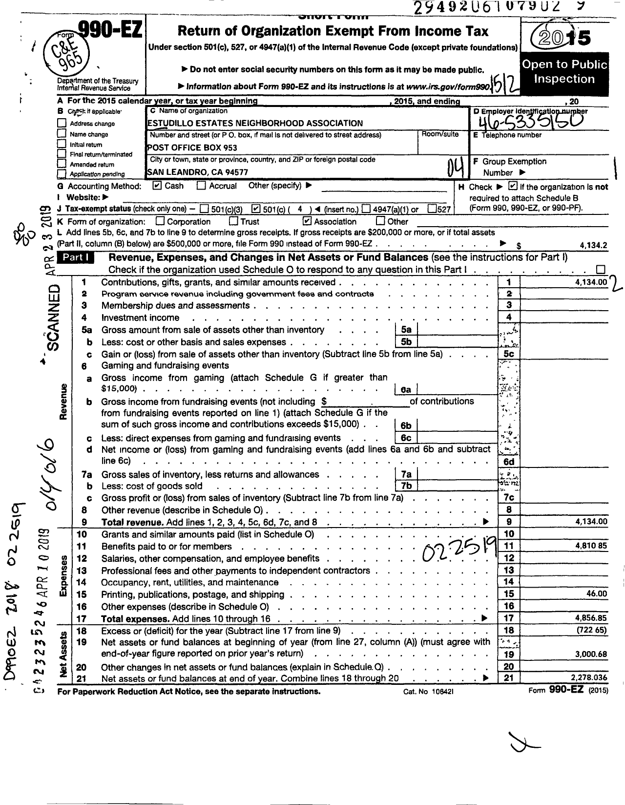 Image of first page of 2015 Form 990EO for Estudillo Estates Neighborhood Association