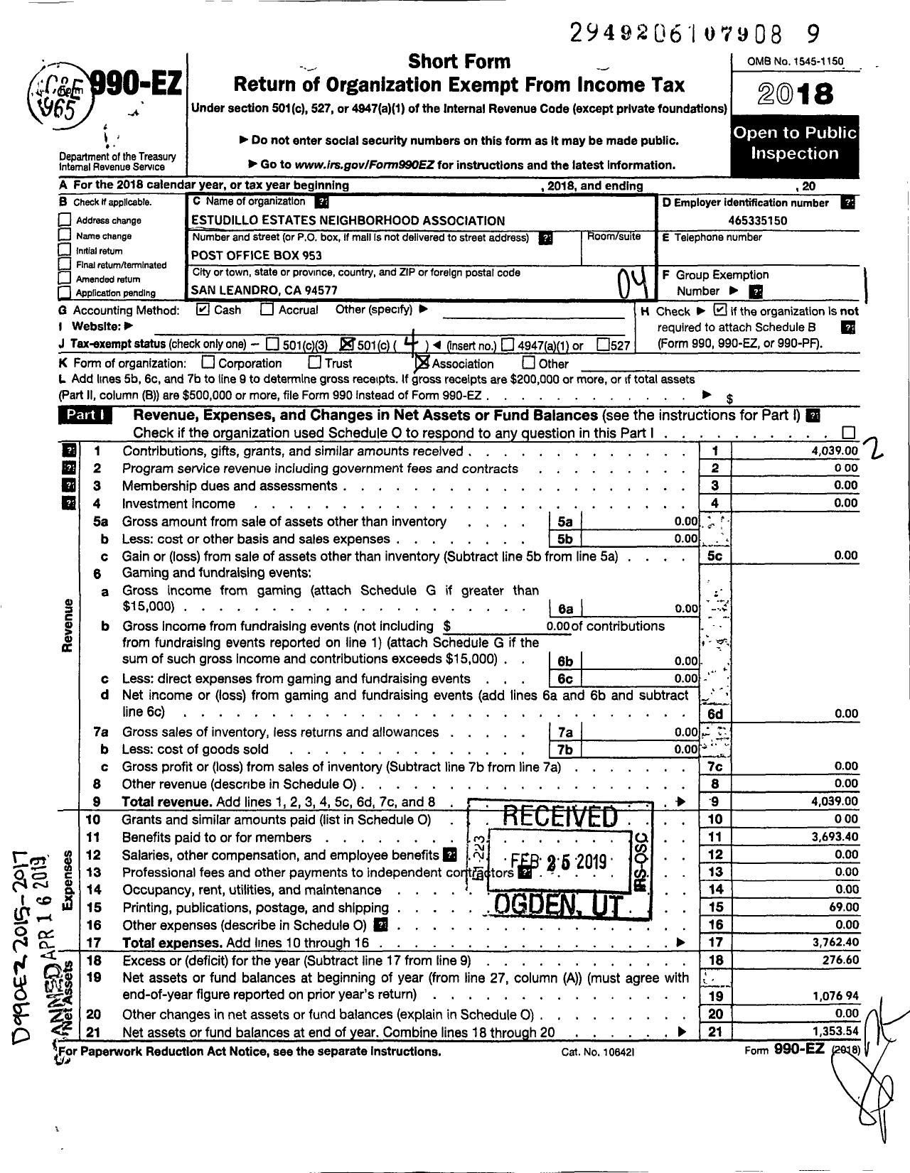 Image of first page of 2018 Form 990EO for Estudillo Estates Neighborhood Association