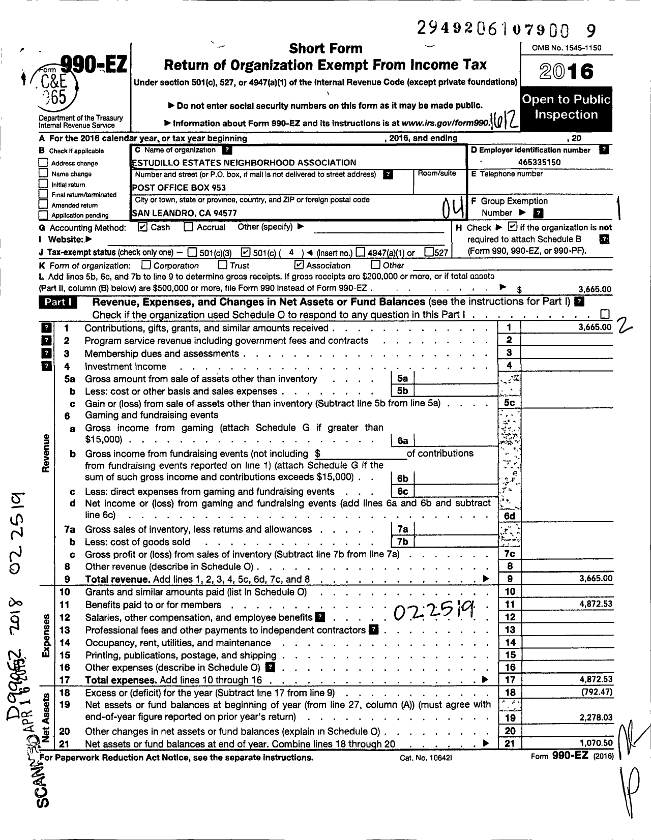 Image of first page of 2016 Form 990EO for Estudillo Estates Neighborhood Association