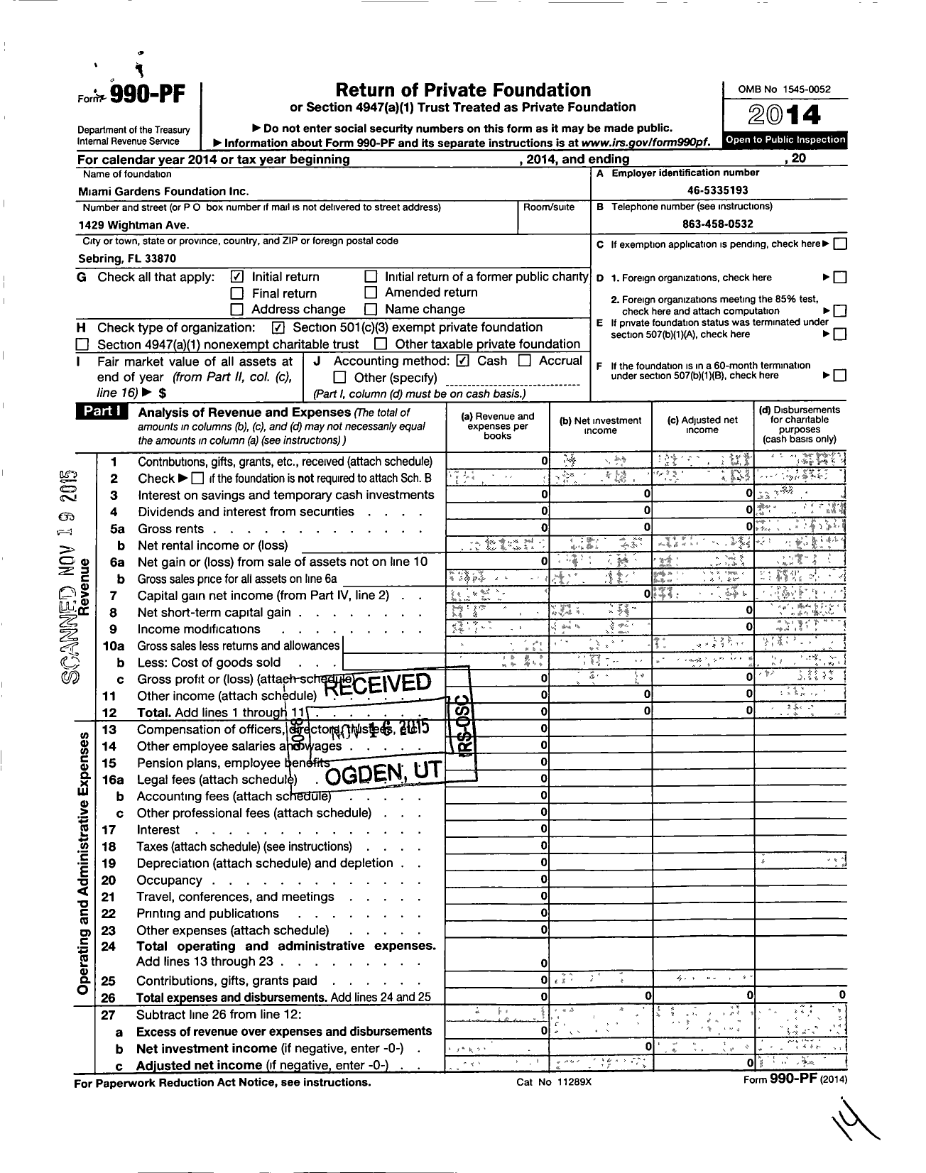 Image of first page of 2014 Form 990PF for Miami Gardens Foundation