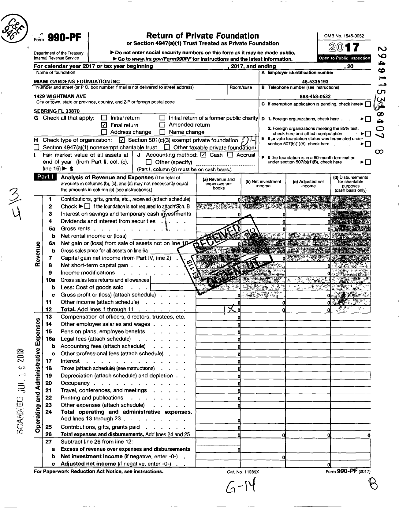 Image of first page of 2017 Form 990PF for Miami Gardens Foundation