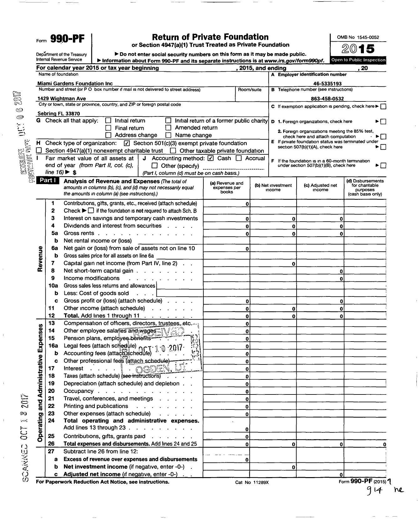 Image of first page of 2015 Form 990PF for Miami Gardens Foundation