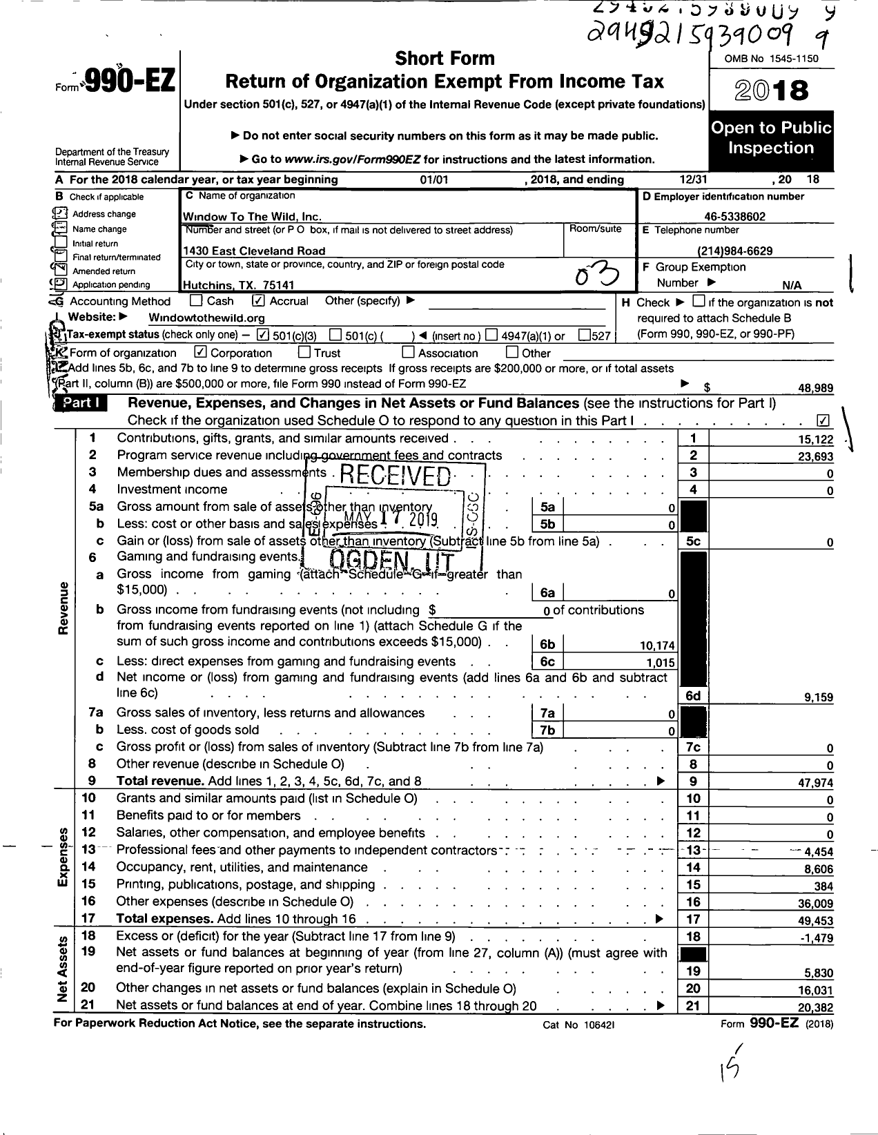 Image of first page of 2018 Form 990EZ for Window To the Wild