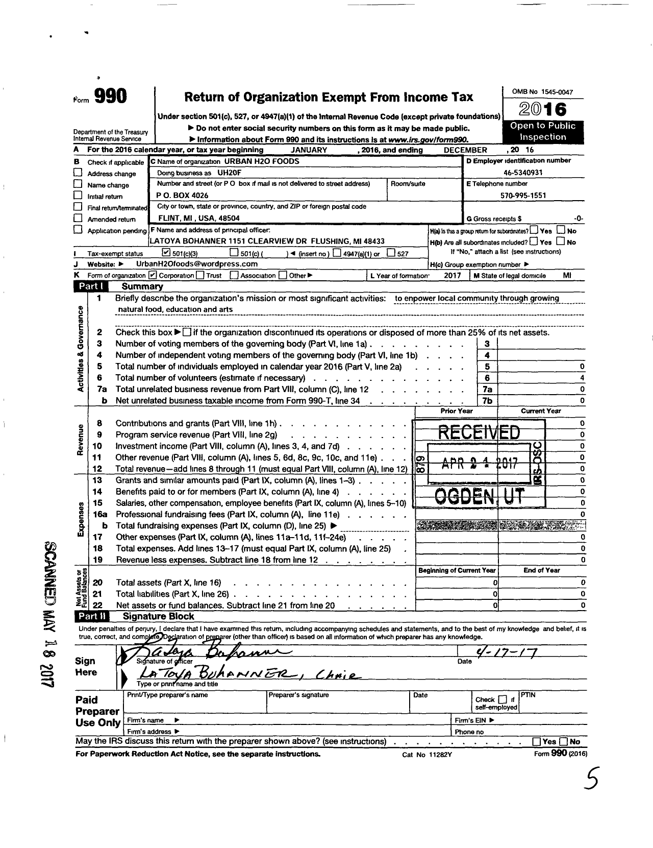 Image of first page of 2016 Form 990 for Urban H2o Foods