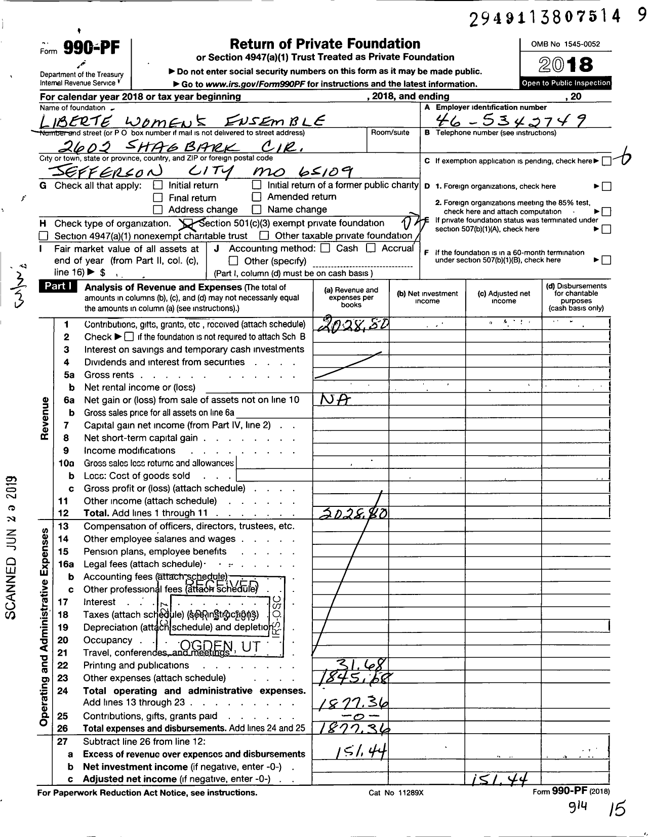 Image of first page of 2018 Form 990PF for Liberte Womens Ensemble