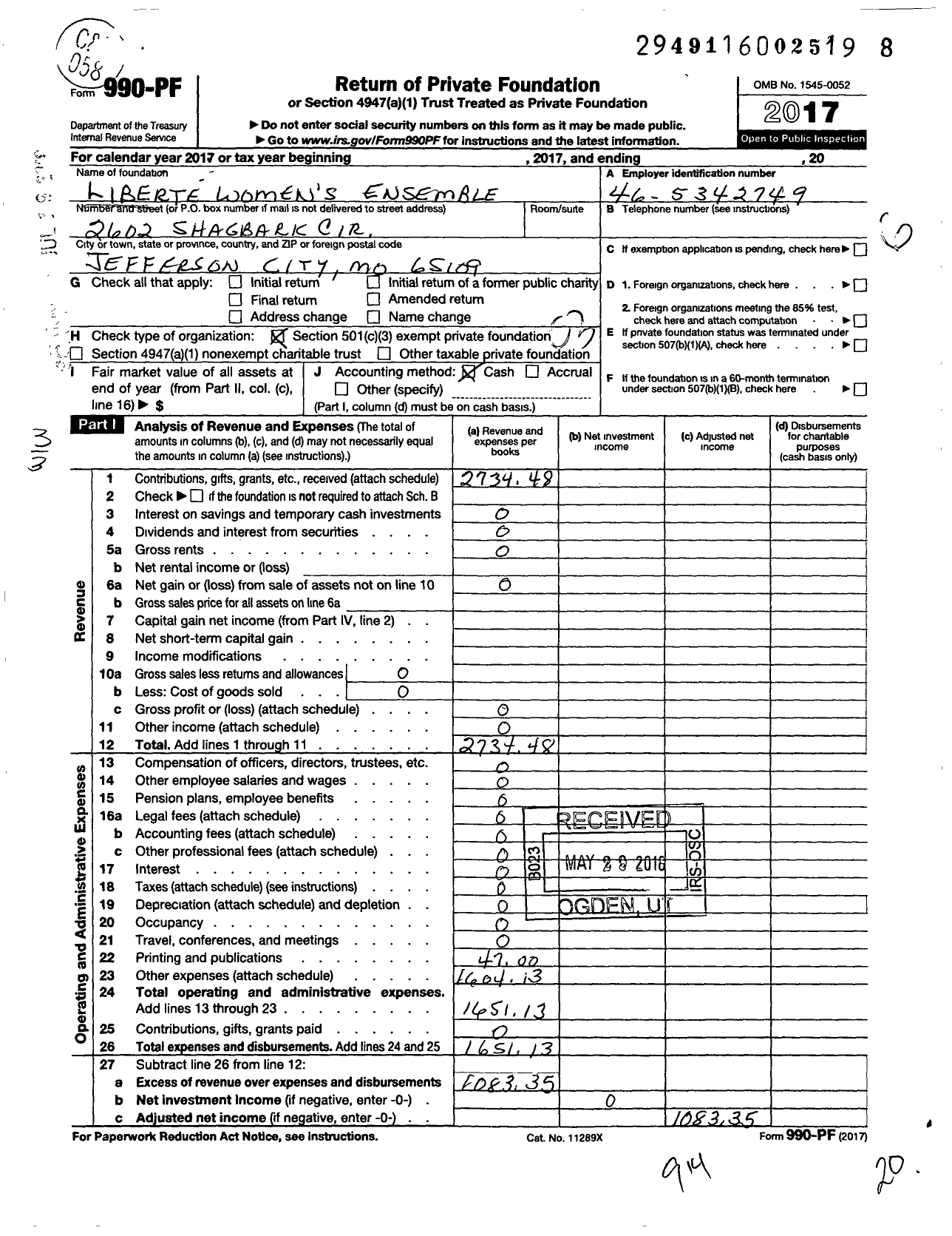 Image of first page of 2017 Form 990PF for Liberte Womens Ensemble