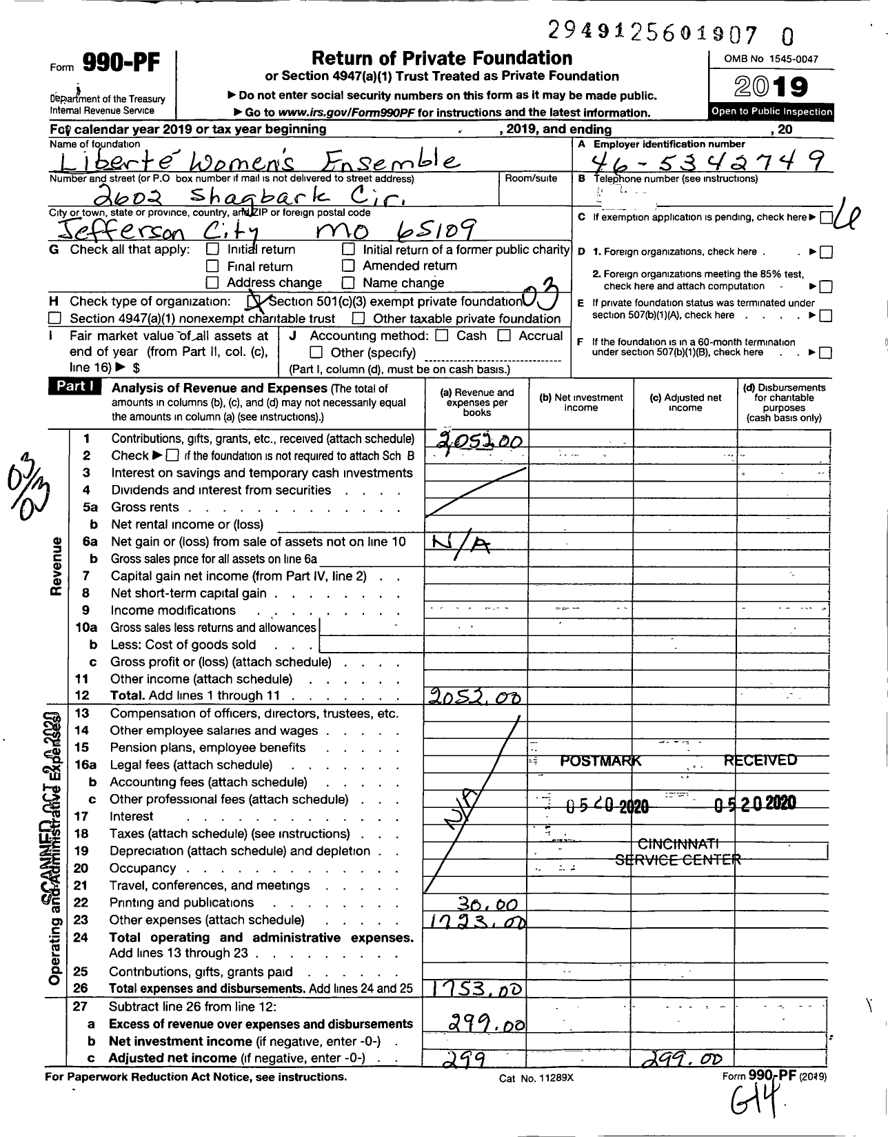 Image of first page of 2019 Form 990PR for Liberte Womens Ensemble