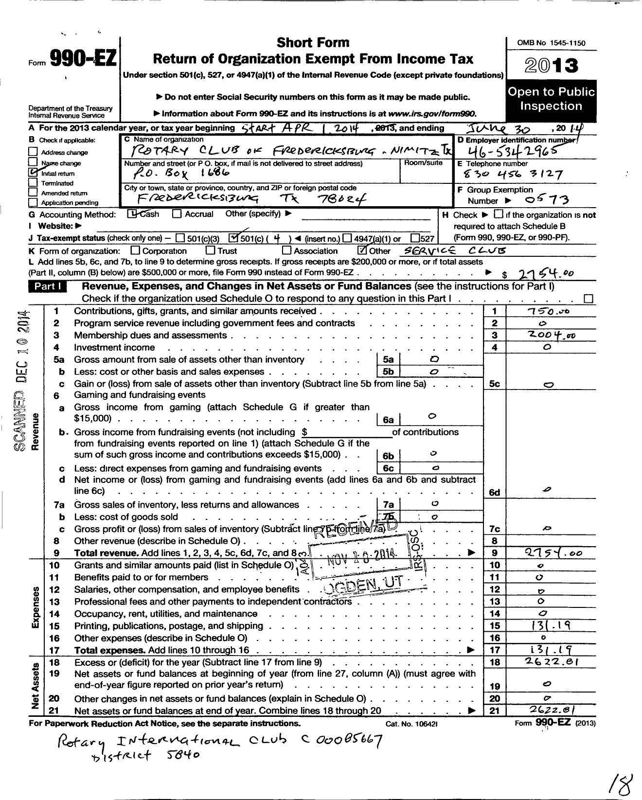 Image of first page of 2013 Form 990EO for Fredericksburg Nimitz Rotary