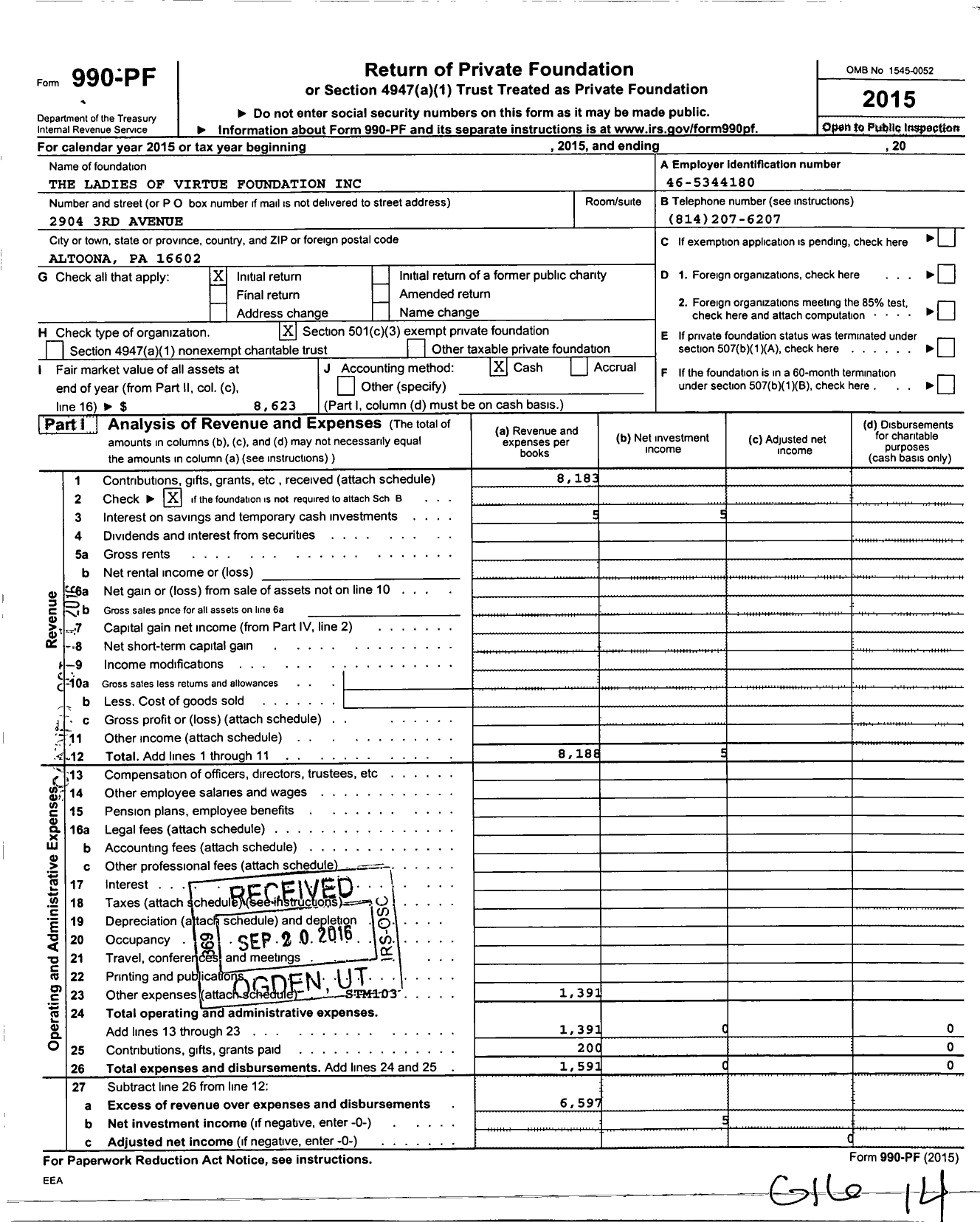 Image of first page of 2015 Form 990PF for The Ladies of Virtue Foundation