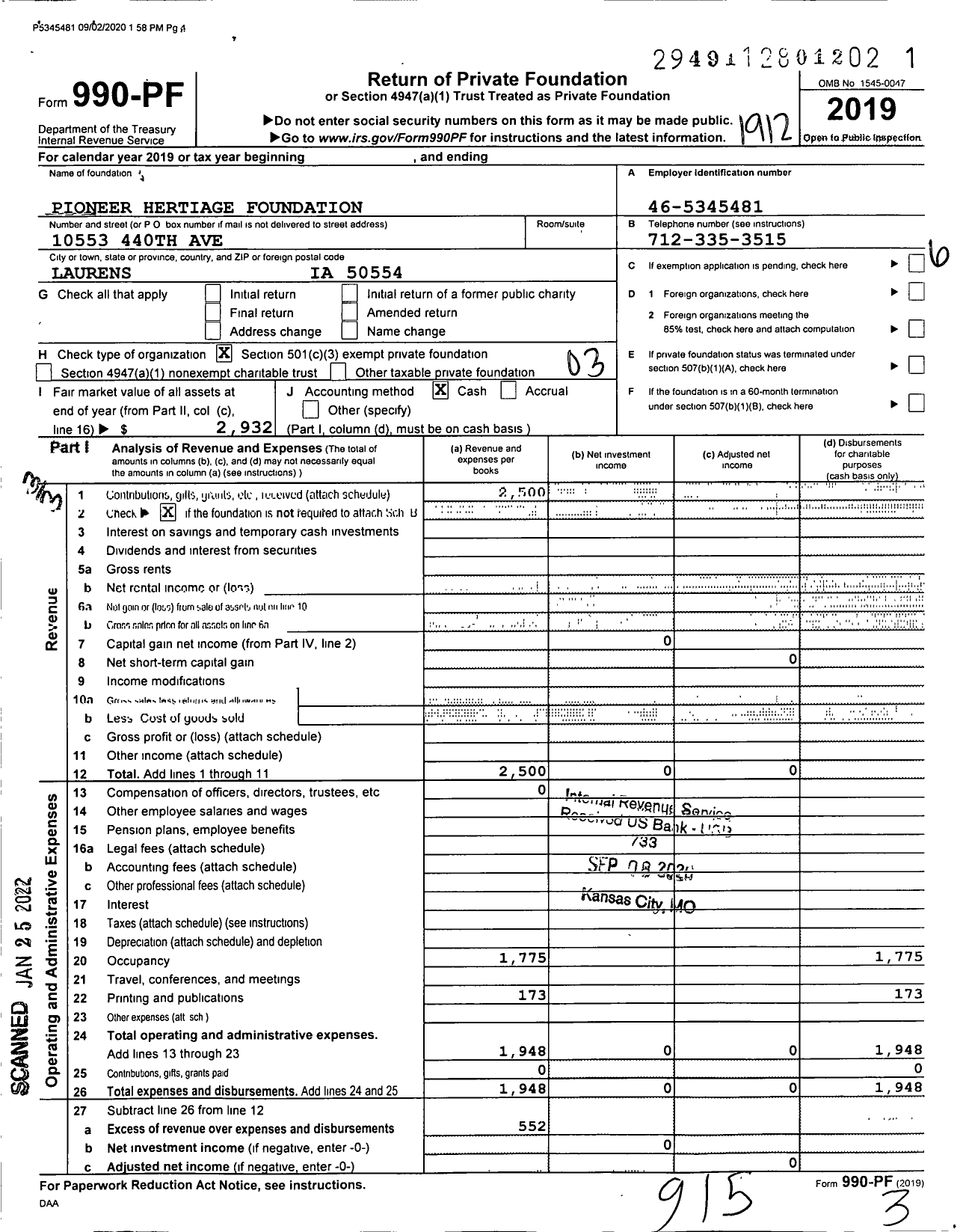 Image of first page of 2019 Form 990PF for Pioneer Hertiage Foundation