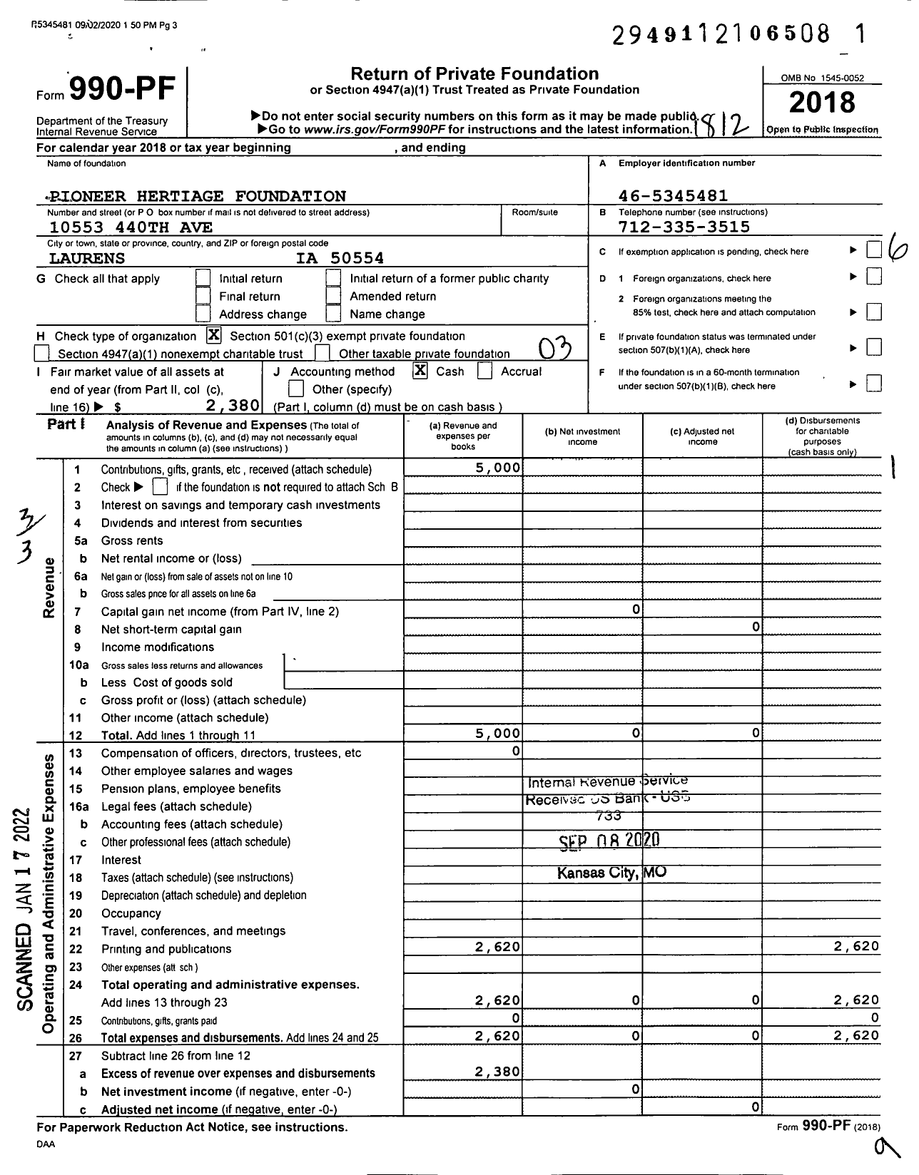 Image of first page of 2018 Form 990PF for Pioneer Hertiage Foundation