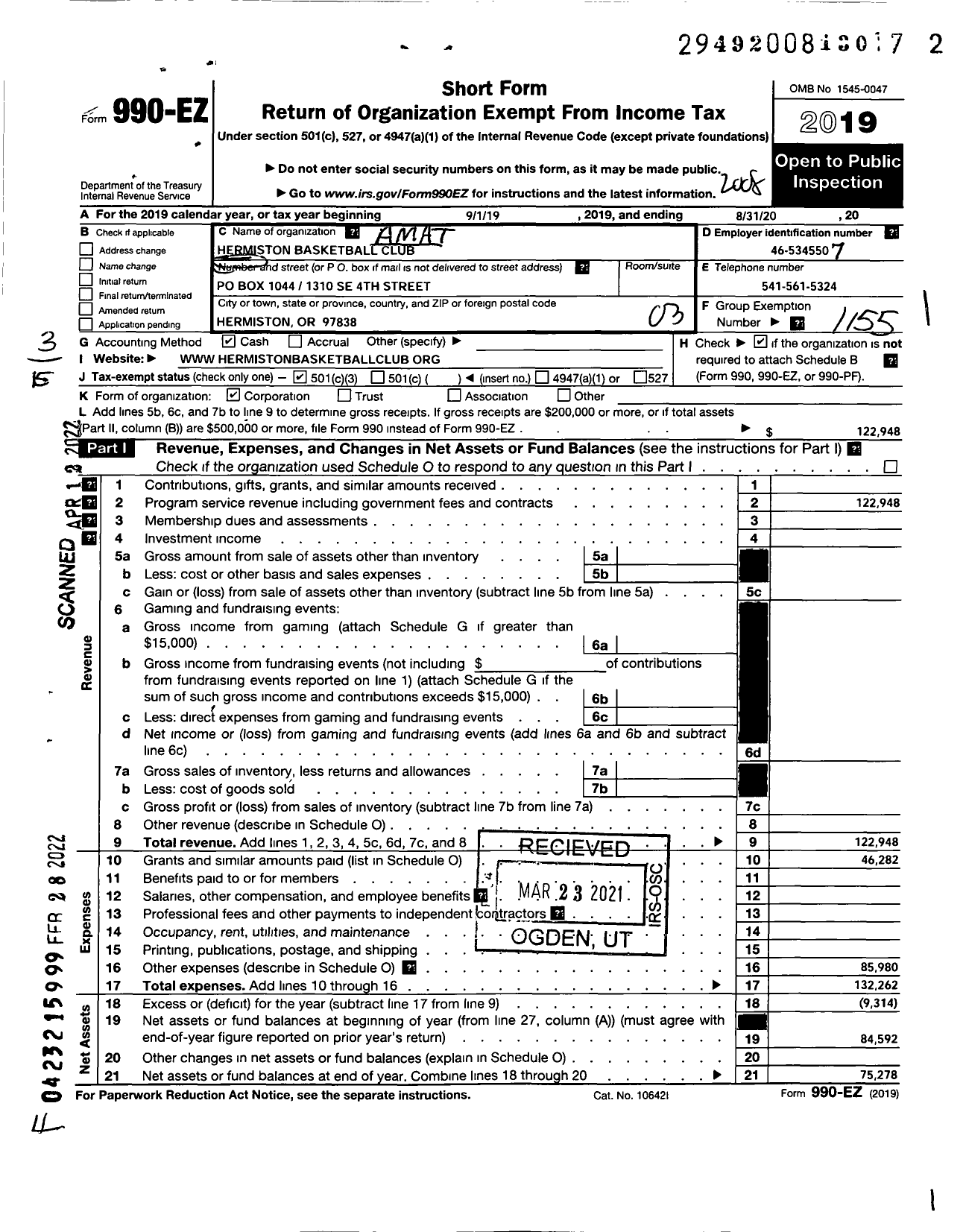 Image of first page of 2019 Form 990EZ for Amateur Athletic Union - Hermiston Basketball Club