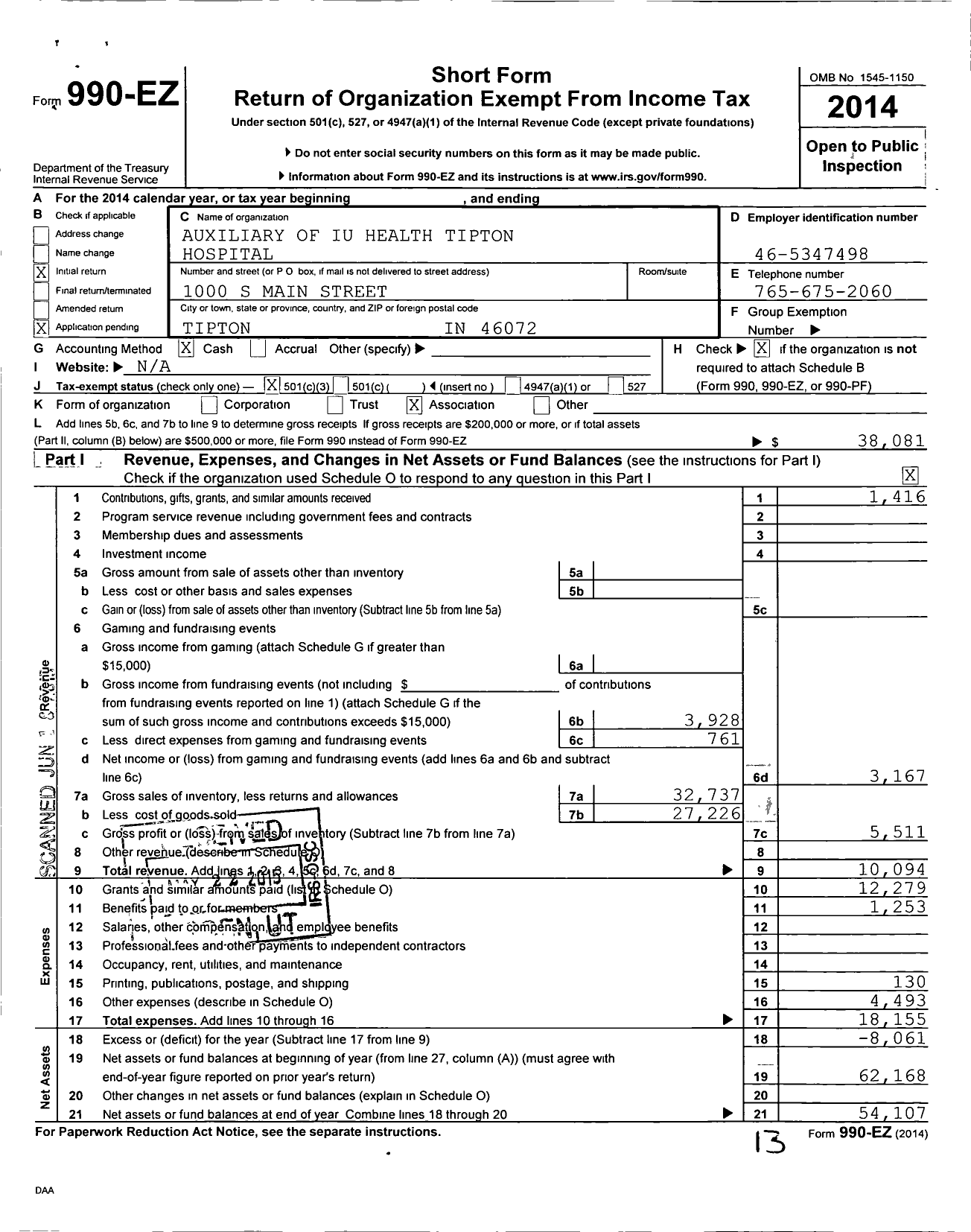 Image of first page of 2014 Form 990EZ for Auxiliary of Iu Health Tipton Hospital