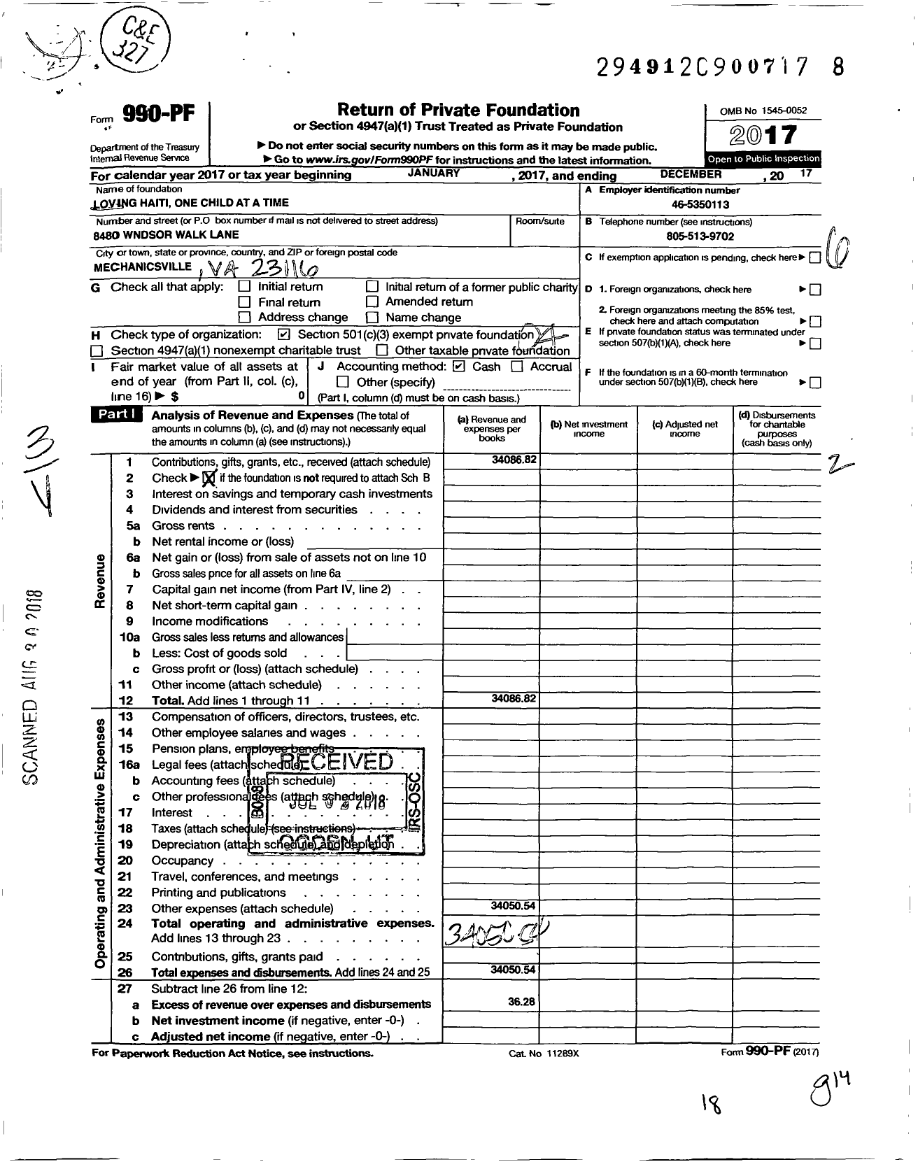 Image of first page of 2017 Form 990PF for Loving Haiti One Child at A Time