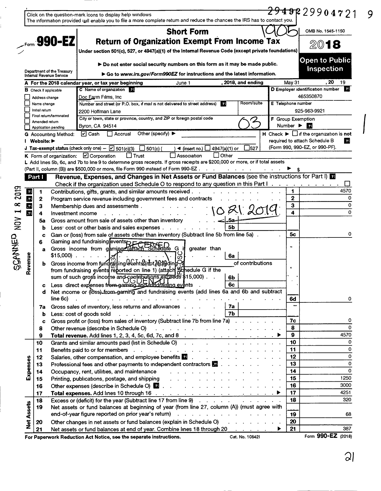 Image of first page of 2018 Form 990EZ for Doc Farm Films