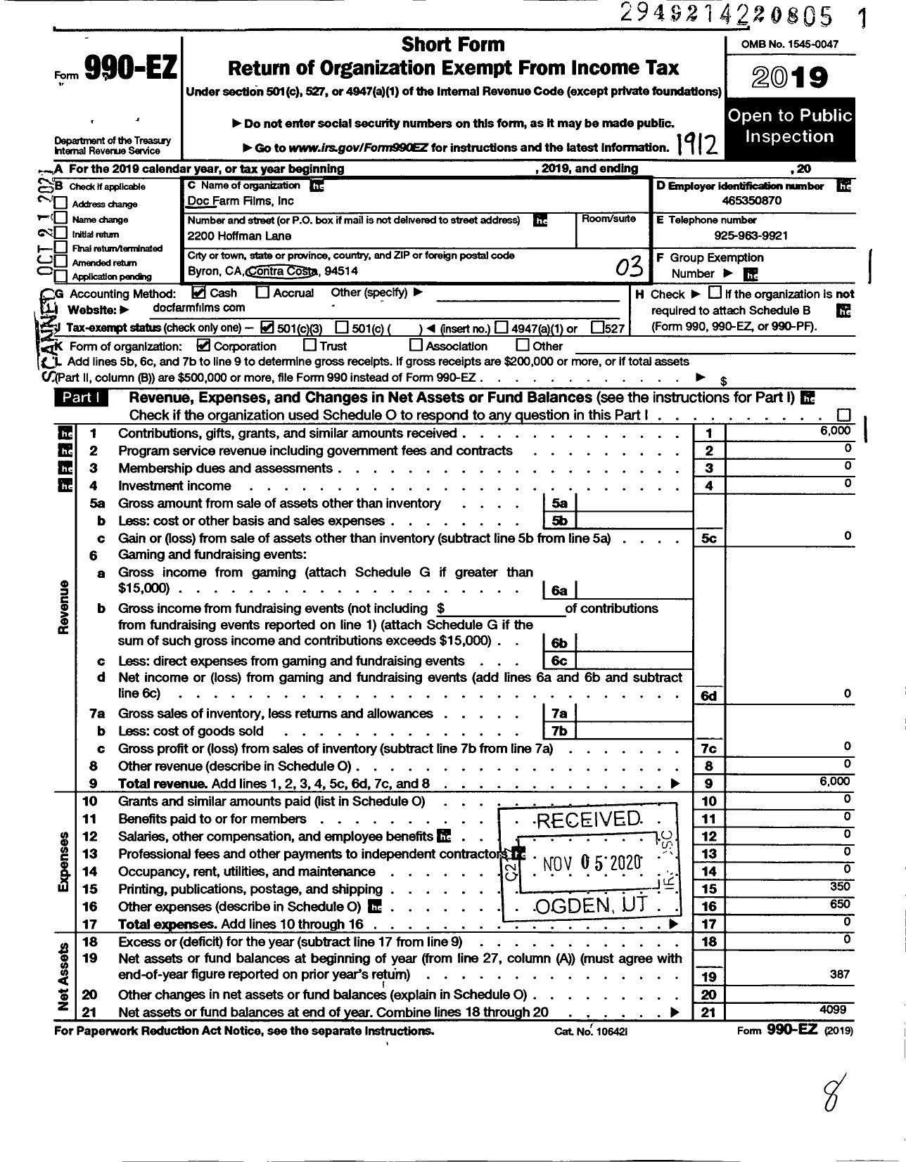 Image of first page of 2019 Form 990EZ for Doc Farm Films