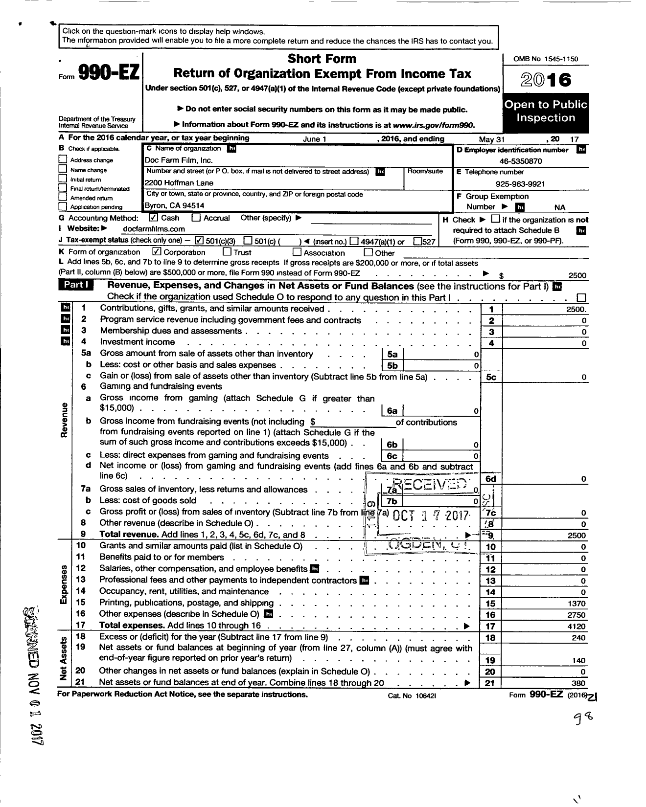 Image of first page of 2016 Form 990EZ for Doc Farm Films