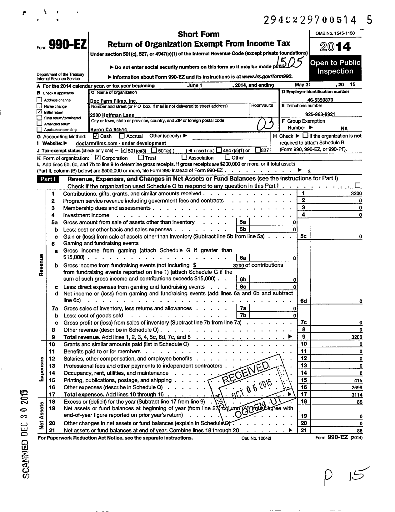 Image of first page of 2014 Form 990EZ for Doc Farm Films