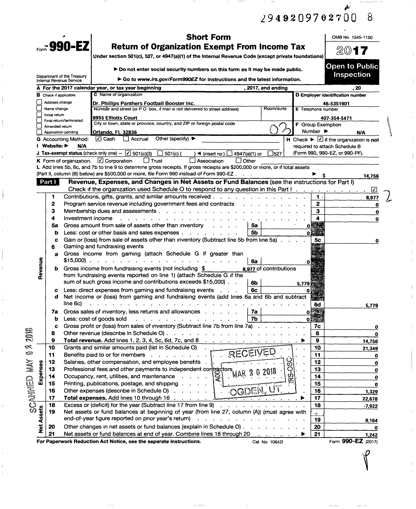 Image of first page of 2017 Form 990EZ for Dr Phillips Panthers Football Booster