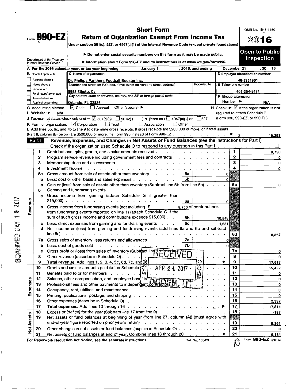 Image of first page of 2016 Form 990EZ for Dr Phillips Panthers Football Booster