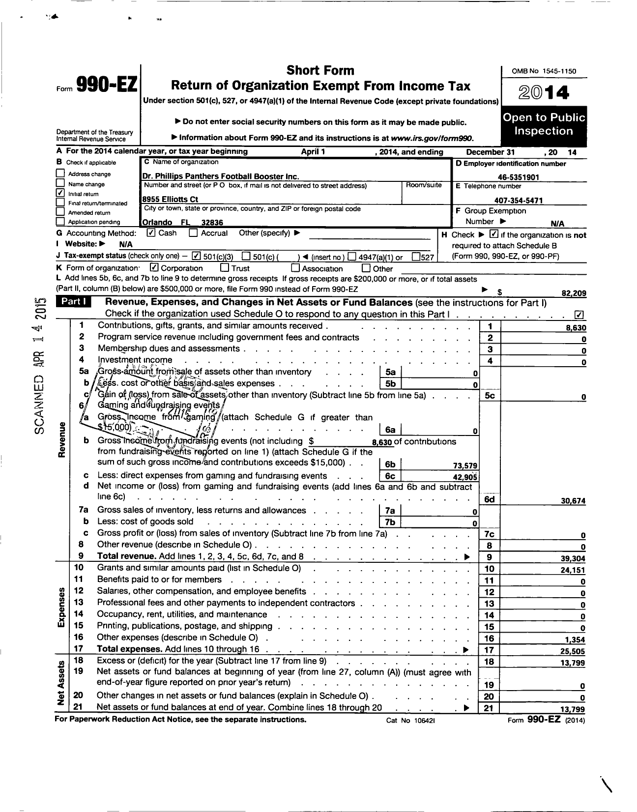 Image of first page of 2014 Form 990EZ for Dr Phillips Panthers Football Booster