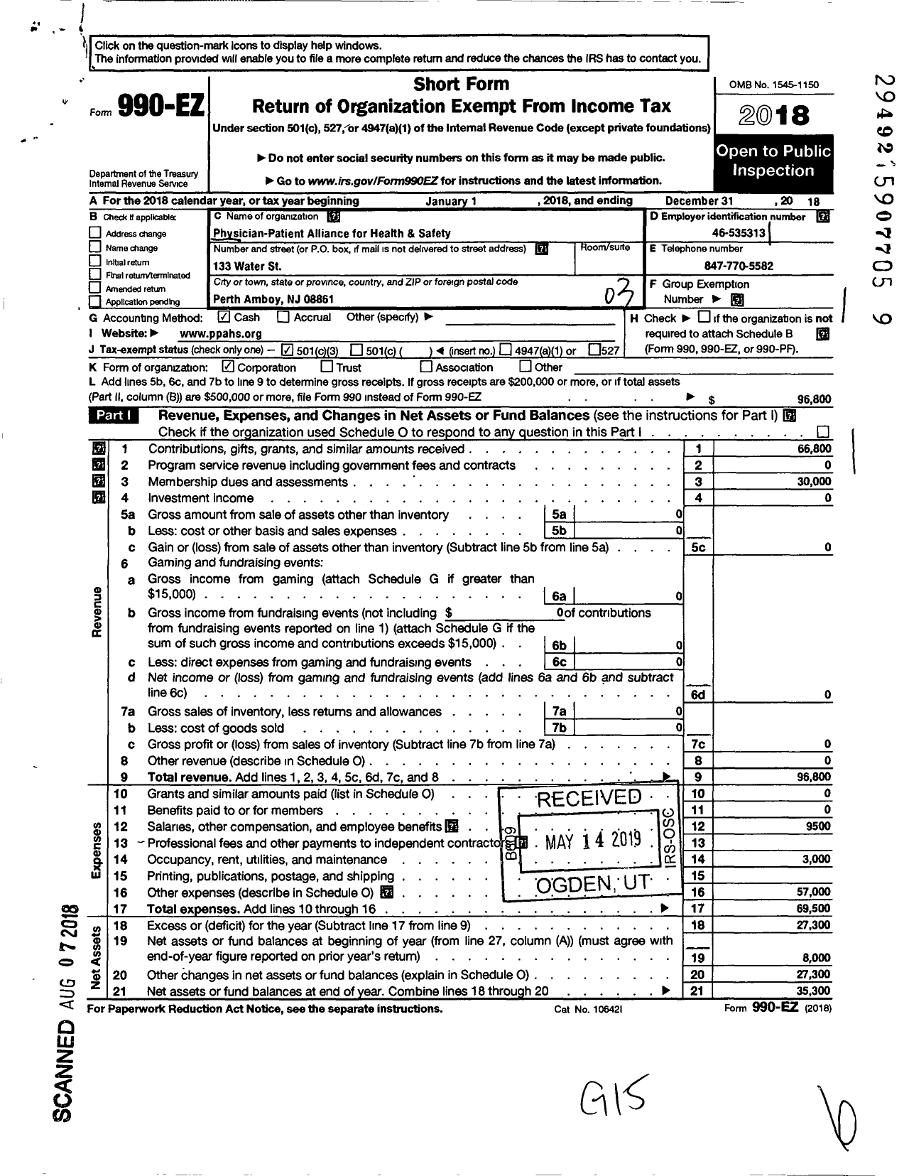 Image of first page of 2018 Form 990EZ for Physician-Patient Alliance for Health and Safety