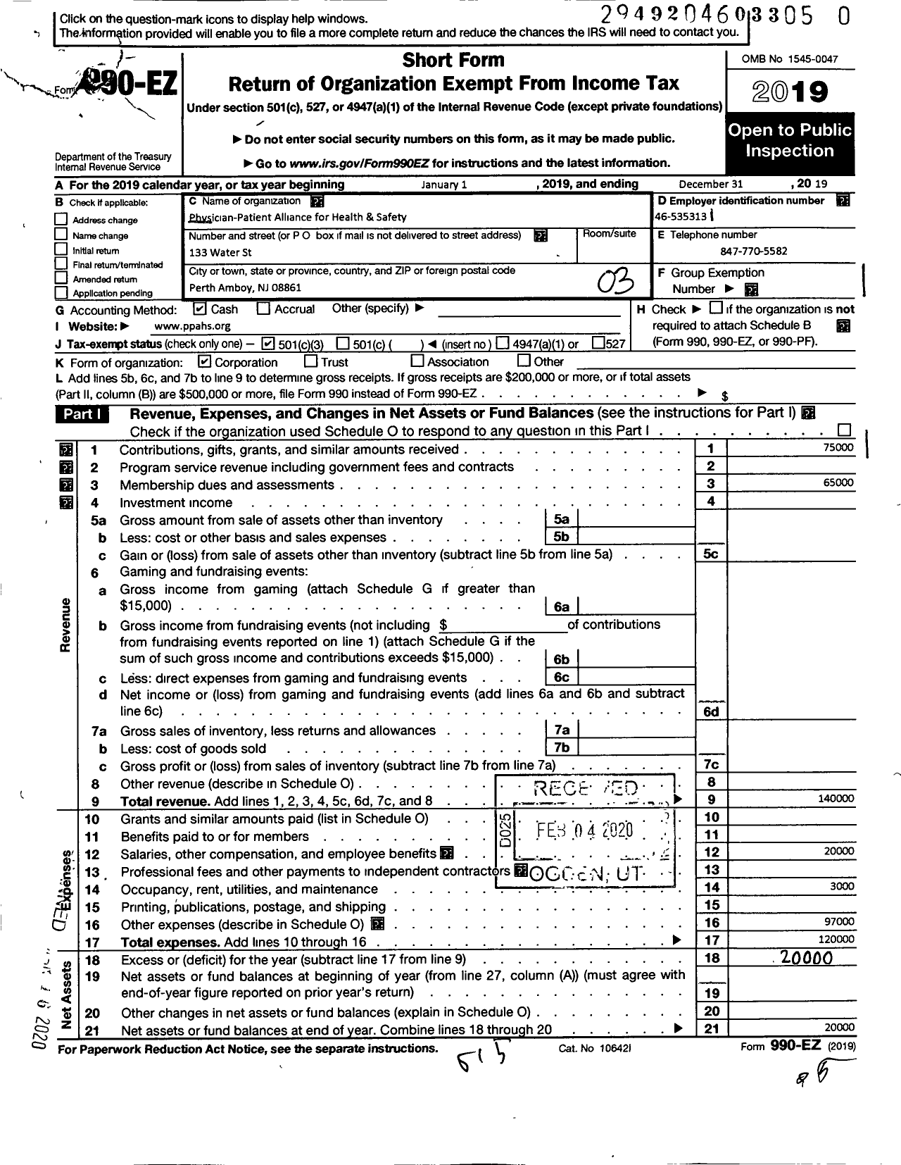 Image of first page of 2019 Form 990EZ for Physician-Patient Alliance for Health and Safety