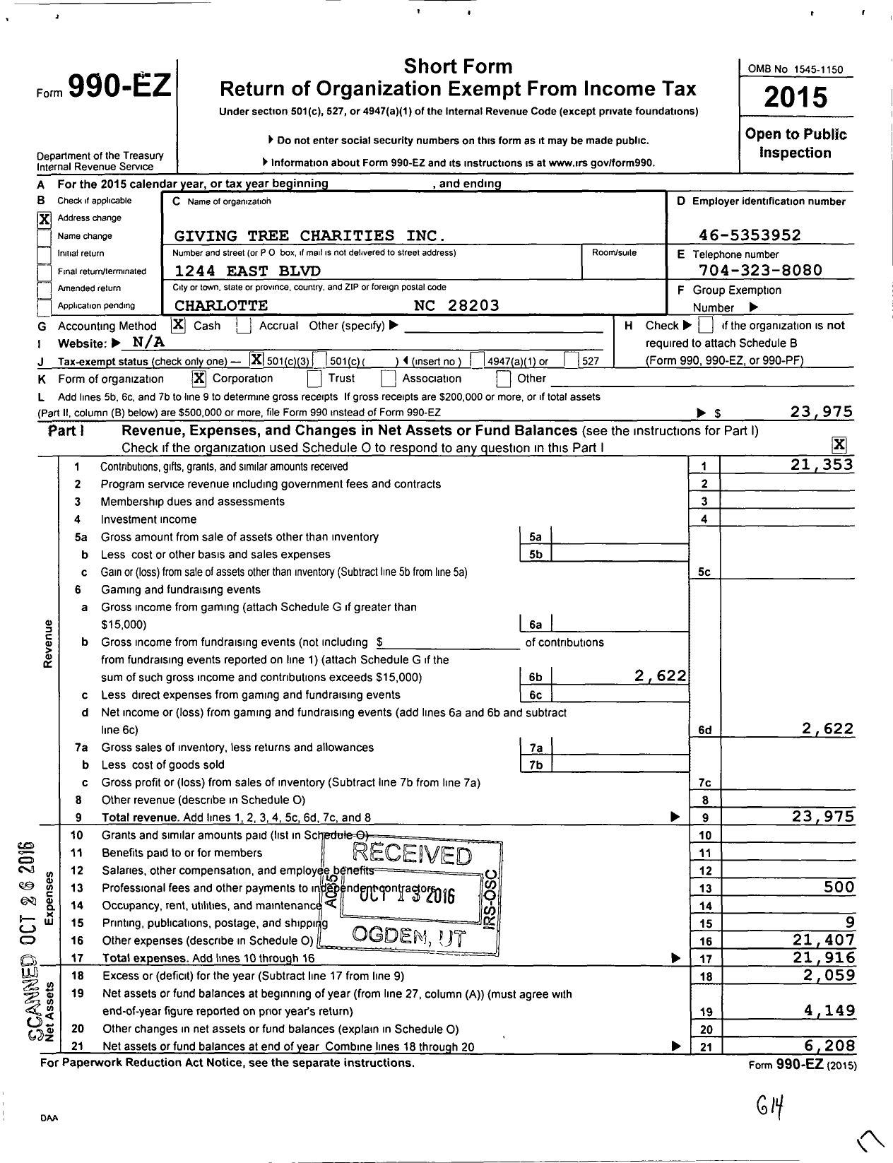 Image of first page of 2015 Form 990EZ for Giving Tree Charities