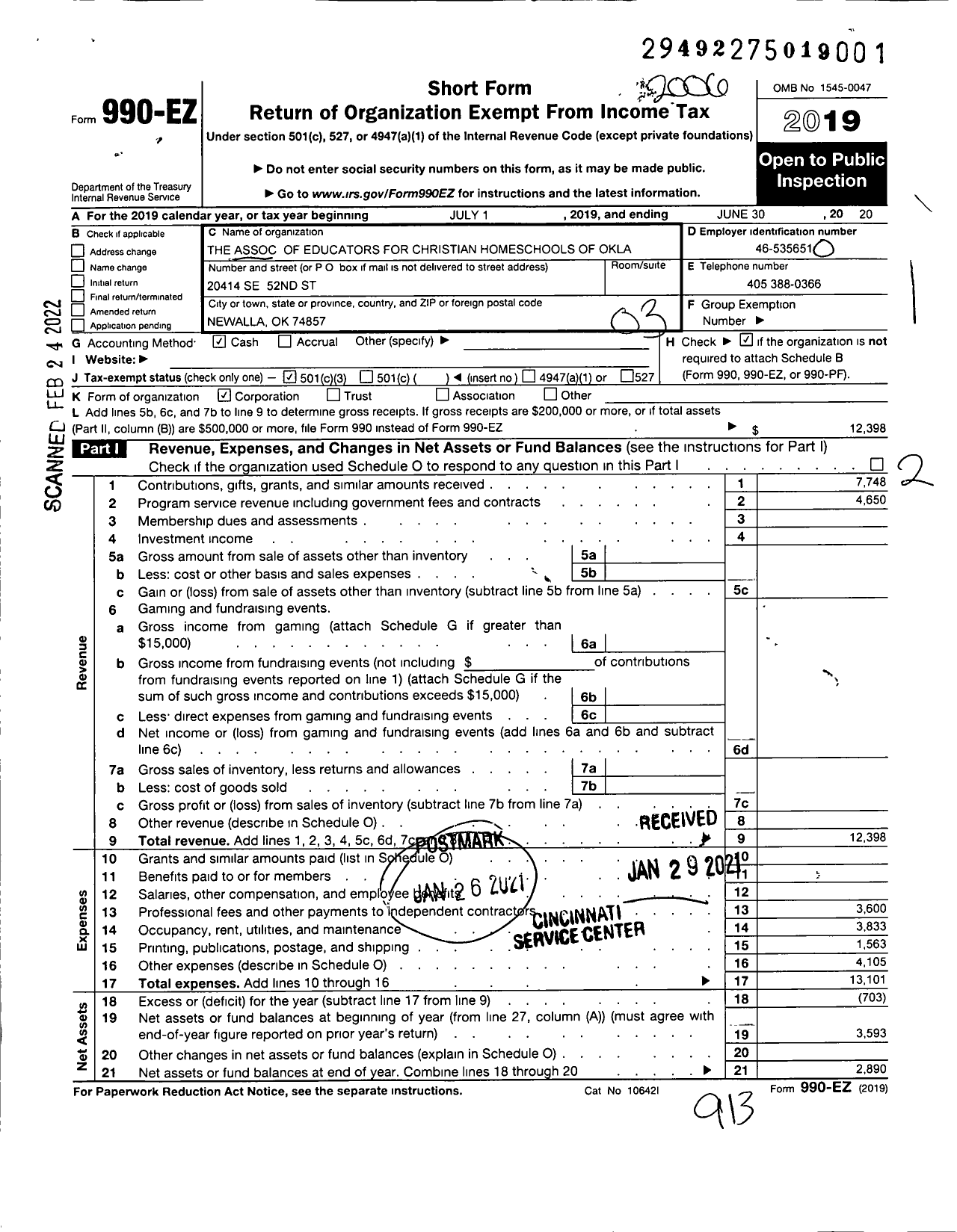 Image of first page of 2019 Form 990EZ for The Association of Educators for Christin Homeschools of Oklahoma