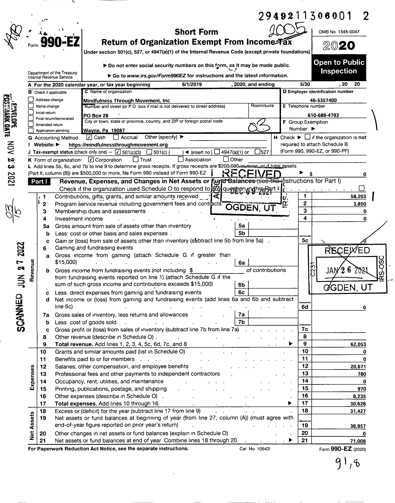 Image of first page of 2019 Form 990EZ for Mindfulness Through Movement