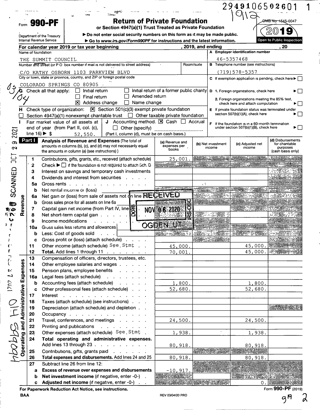 Image of first page of 2019 Form 990PF for The Summit Council