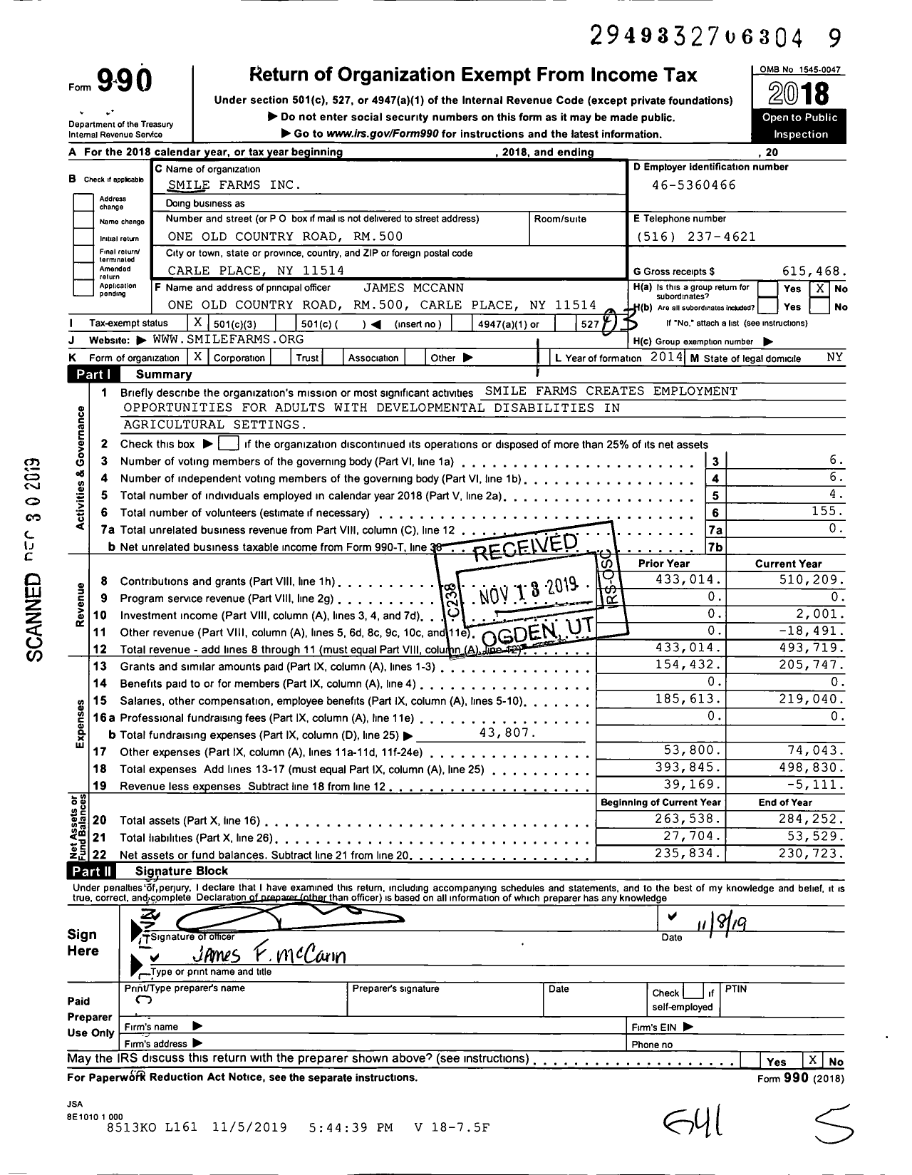 Image of first page of 2018 Form 990 for Smile Farms