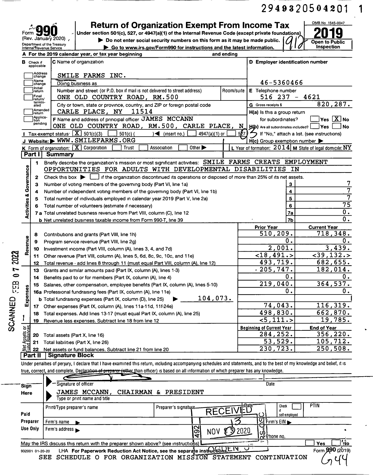 Image of first page of 2019 Form 990 for Smile Farms