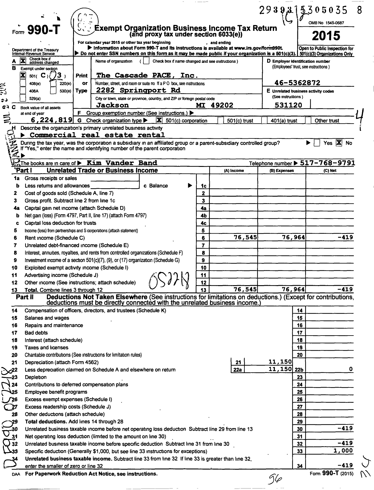 Image of first page of 2015 Form 990T for Thome Pace