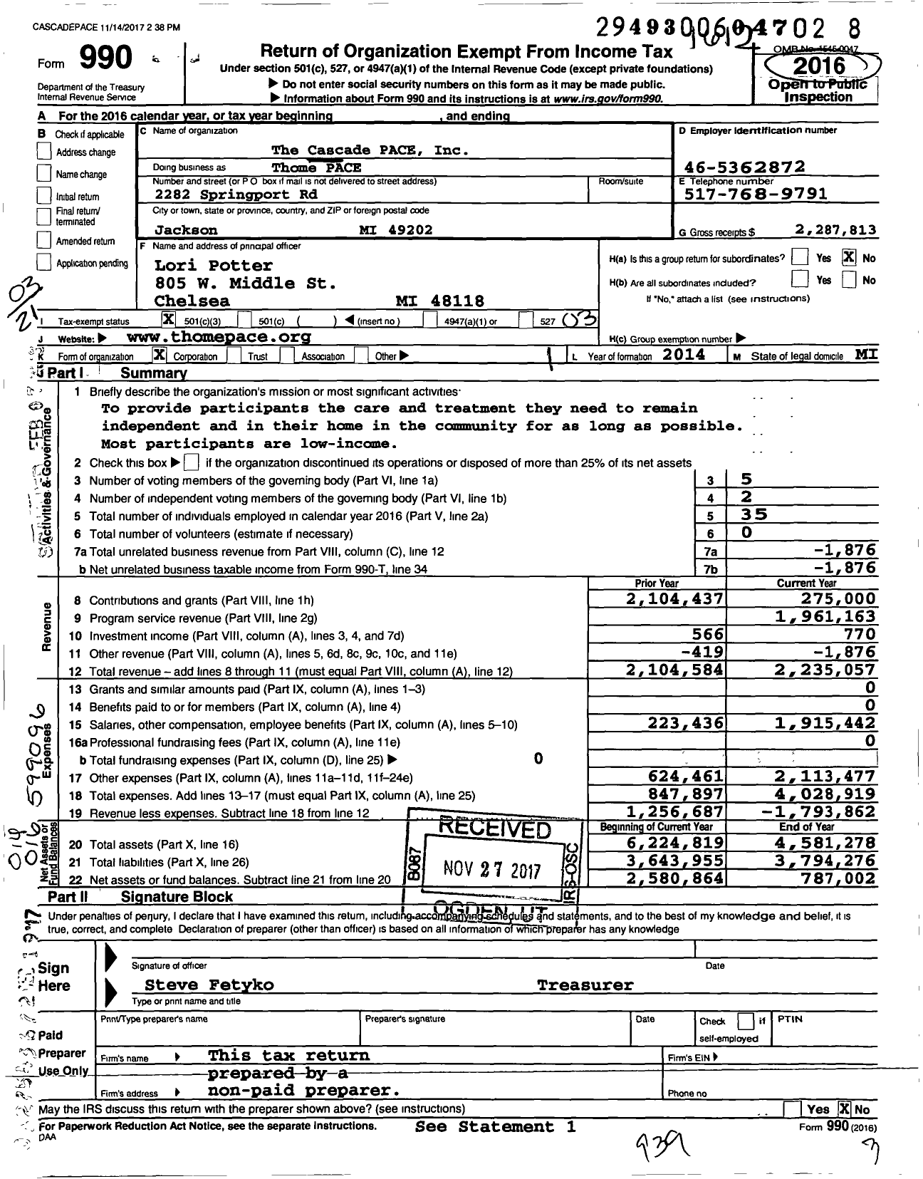 Image of first page of 2016 Form 990 for Thome Pace