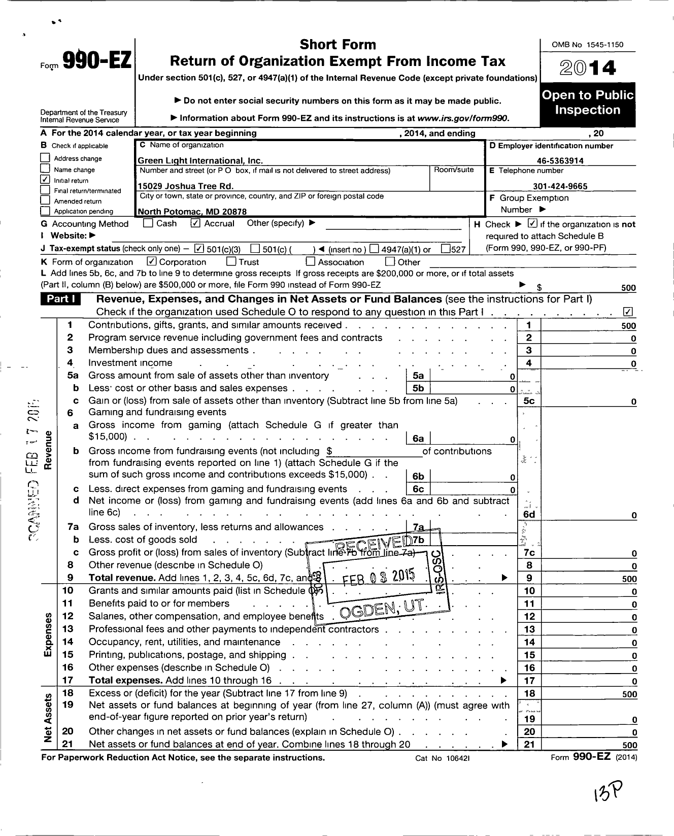 Image of first page of 2014 Form 990EZ for Green Light International