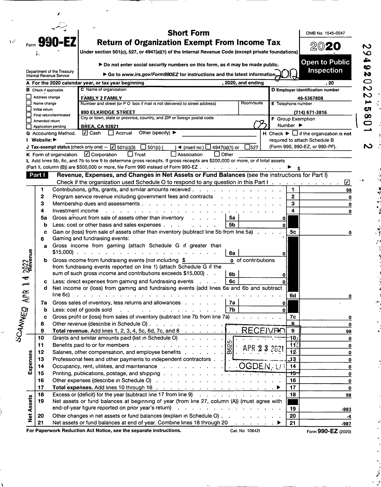 Image of first page of 2020 Form 990EZ for Family 2 Family