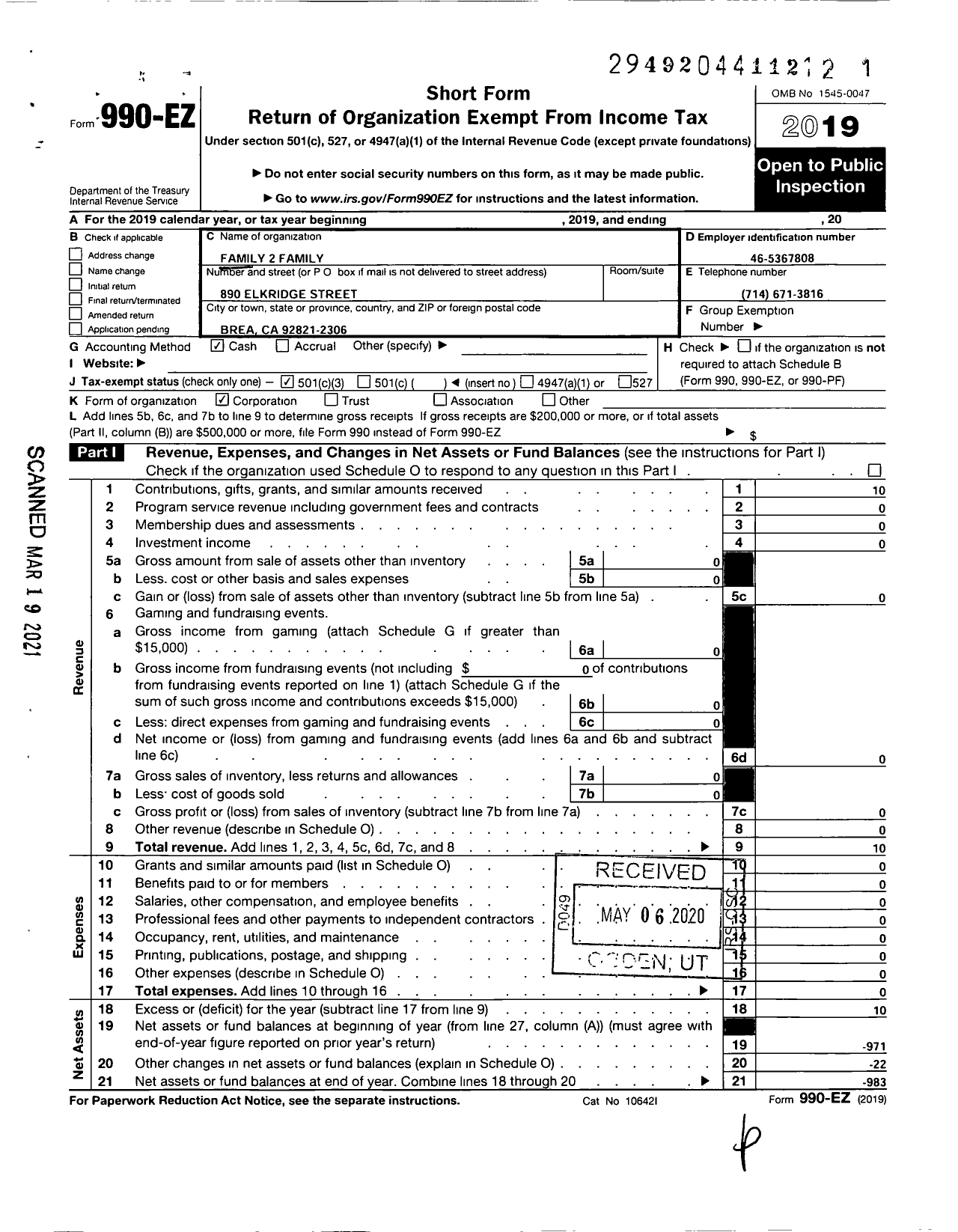 Image of first page of 2019 Form 990EZ for Family 2 Family