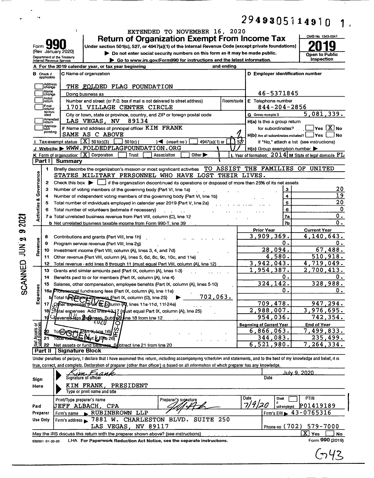 Image of first page of 2019 Form 990 for The Folded Flag Foundation