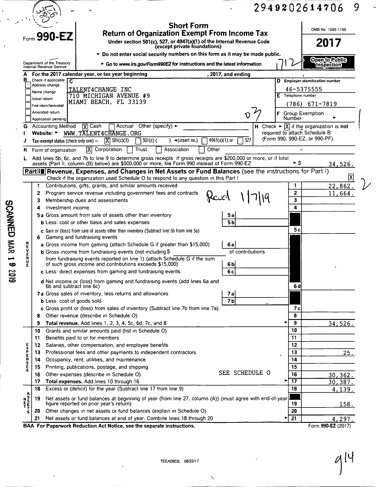 Image of first page of 2017 Form 990EZ for Talent4change