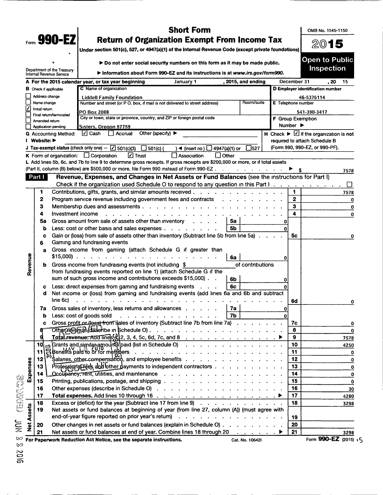 Image of first page of 2015 Form 990EZ for Liddell Family Foundation