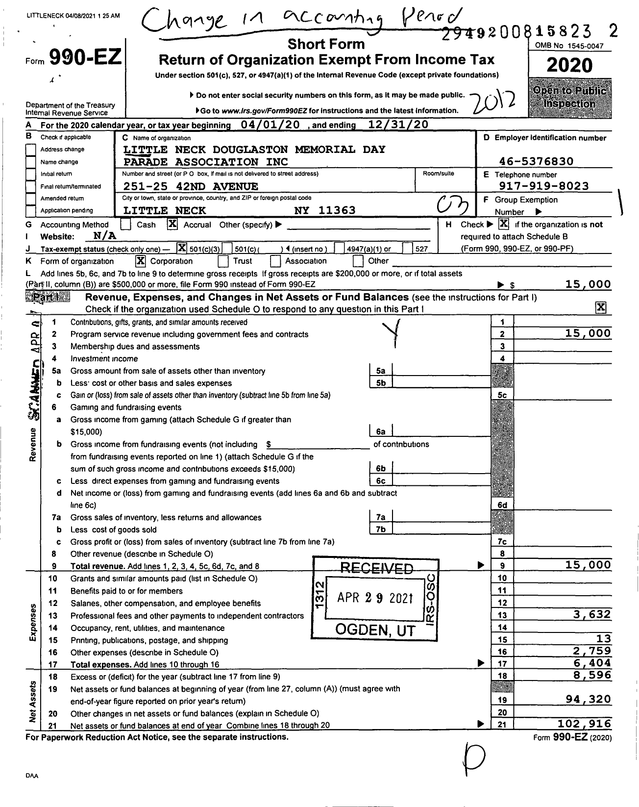 Image of first page of 2020 Form 990EZ for Little Neck Douglaston Memorial Day Parade Association