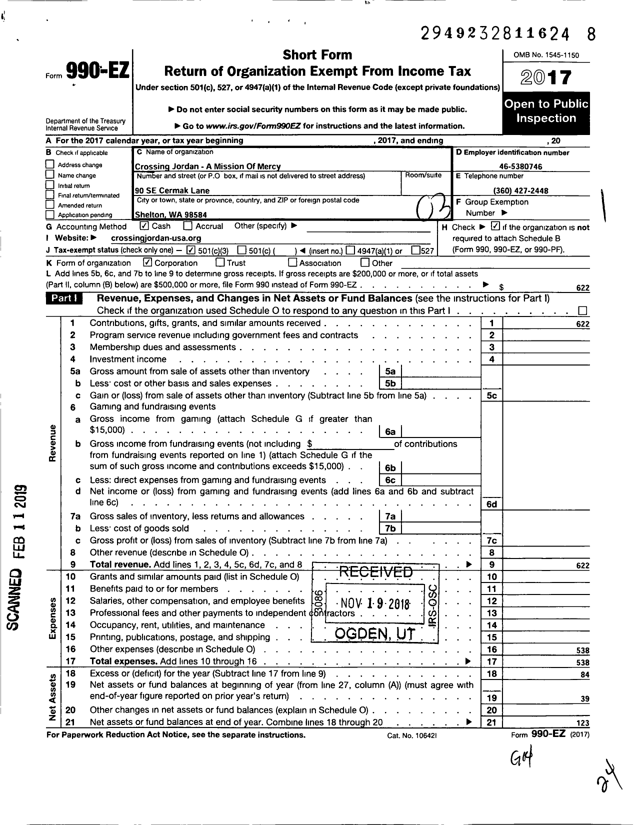 Image of first page of 2017 Form 990EZ for Crossing Jordan - A mission of Mercy