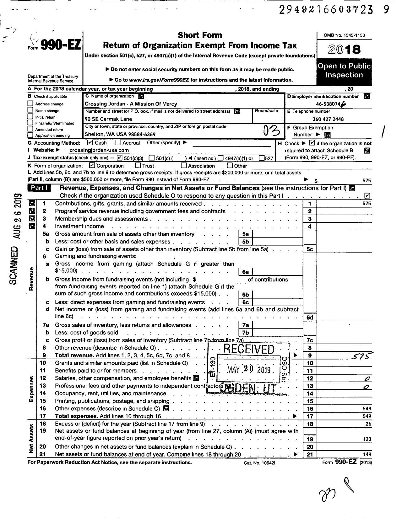 Image of first page of 2018 Form 990EZ for Crossing Jordan - A mission of Mercy