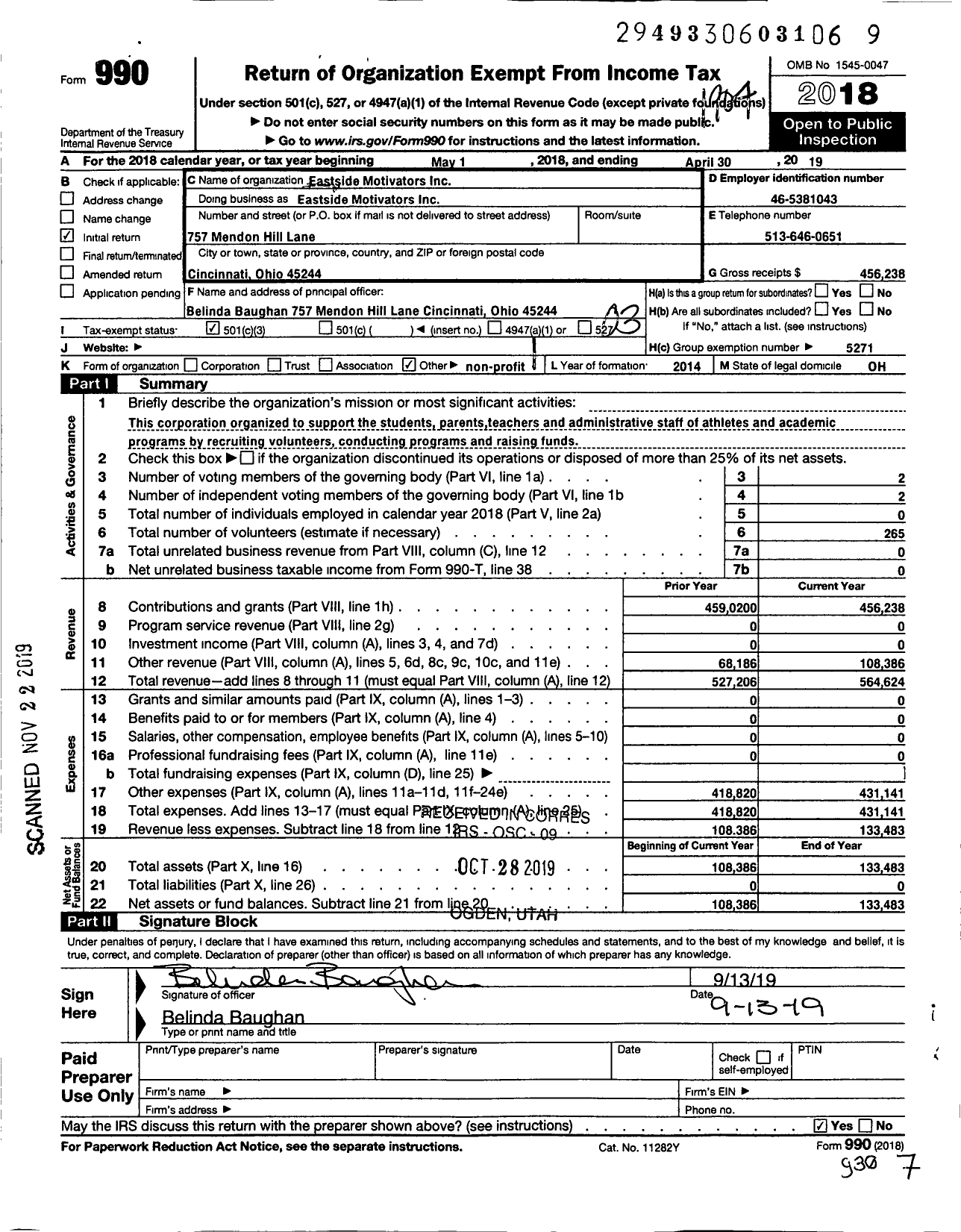 Image of first page of 2018 Form 990 for Eastside Motivators